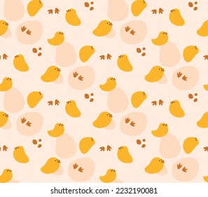 Pattern with cute yellow chicks, birds and paw prints. Neutral and soft colors. Ideal for background printing, wallpaper, textile or object, children's decoration. Vector illustration.