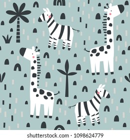 Pattern with cute zebra and giraffe on blue background.