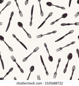  Pattern of cutleries, seamless print with knifes, spoons and forks. Vector illustration in vintage style with old texture, random ornament.