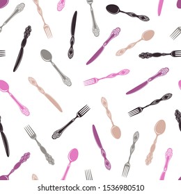  Pattern of cutleries, seamless print with knifes, spoons and forks. Vector illustration in vintage style on white background, random ornament.