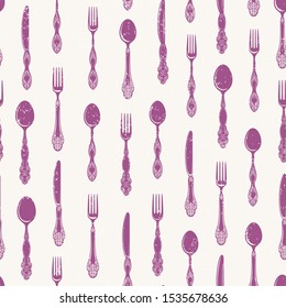 Pattern of cutleries, seamless vertical print with knifes, spoons and forks. Vector illustration in vintage style with old texture.