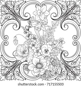 Pattern with daffodils, anemones, violets in botanical 