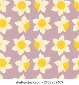 Pattern with daffodils on a lilac background