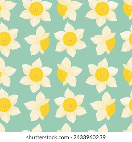 Pattern with daffodils on a turquoise background