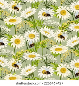 Pattern with daisies and bees.Vector pattern with bees and wild flowers on a colored background.