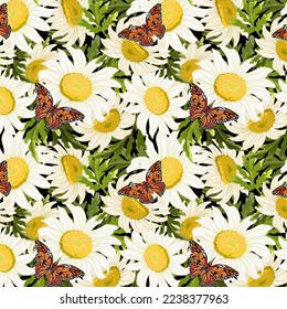 Patrón con margaritas y mariposas.Patrón vectorial coloreado con mareas y hermosas mariposas.