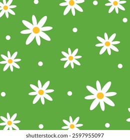 Pattern with daisies on a green background. Design of children's goods, wrapping paper, children's wallpaper. Vector illustration.