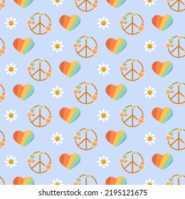 Pattern with daisies, pacific and colorful heart. Vintage retro style 1970. Vector drawing. For clothing, packaging materials, design and prints, postcards and flyers, children, home interior.