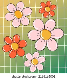 Muster mit Gänseblümchen im Retro-Stil. Grüner gestreifter Hintergrund. Hippie. Modernes Design.Stock Vektorgrafik. Psychedelisch. Abstraktion