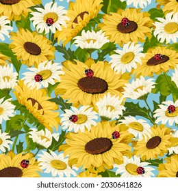 Pattern and daisies   sunflowers Sunflowers  daisies   ladybugs colored background in vector pattern 