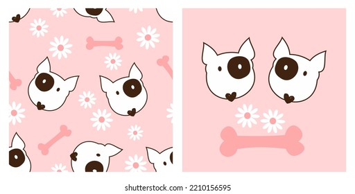 pattern with daisy flower, bone and cute dog cartoons on pink background vector illustration.