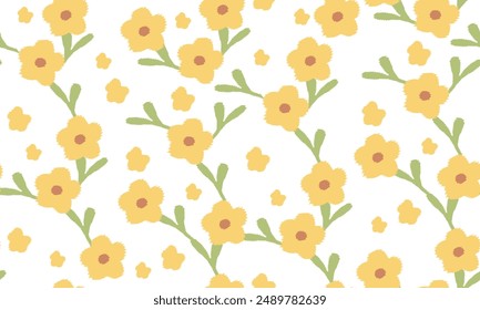 Pattern is a daisy flower fabric design featuring floral and foliage motifs in continuous ikat patterns.  the background is beautifully shaded in tones of yellow, suitable for fashion. sweet color