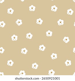 Pattern with daisy flowers , hand drawn white flowers with hearts, seamless pattern. Vector illustration.