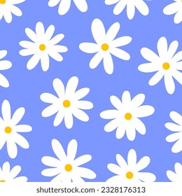 Pattern daisy. Simple flower print. White chamomile on blue seamless background, spring flowers repeat fabric texture, doodle bloom flat wallpaper. Vector illustration. Seasonal plant blossom