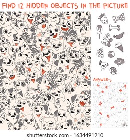 Pattern of Dalmatian puppies. Find 12 hidden objects in the picture. Puzzle Hidden Items. Funny cartoon character. Vector illustration