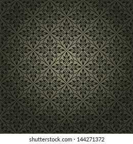 Pattern Damascus, Arab style. Seamless vector. Black, olive drab background.