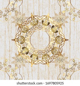  Patrón. Fondo del Damasco. Papel dorado floral. Elementos dorados en tonos beige y gris. El beige dorado y el adorno floral gris de estilo barroco.