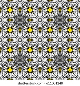 Pattern. Damask background. White element on yellow background. Ornamental yellow floral ornament in baroque style. White floral wallpaper.