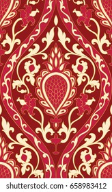 Pattern with damask. Red filigree ornament. Elegant template for wallpaper, textile, shawl, carpet. 