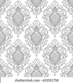 Pattern with damask. Seamless filigree ornament. Black and white template for wallpaper, textile, shawl, carpet and any surface. 