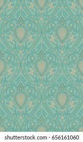 Pattern with damask. Turquoise filigree ornament. Elegant template for wallpaper, textile, shawl, carpet. 