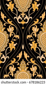 Pattern with damask. Yellow filigree ornament on a black background. Elegant template for wallpaper, textile, shawl, carpet. 