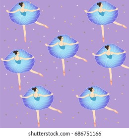 Pattern of dancing ballerinas. Purple background with sparkles and graceful figures of ballerinas. For posters, invitations, textiles - Vector Illustration