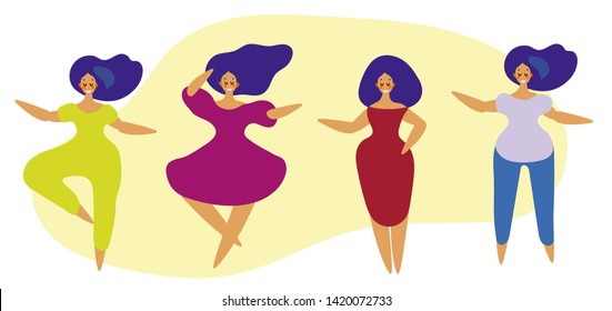 Pattern of dancing girls. Women performing dance at school, studio. Female characters. Group of young happy dancing people. Smiling young women enjoying dance party.