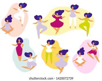 Pattern of dancing girls. Women performing dance at school, studio. Female characters. Group of young happy dancing people. Smiling young women enjoying dance party.