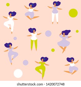Pattern of dancing girls. Women performing dance at school, studio. Female characters. Group of young happy dancing people. Smiling young women enjoying dance party.