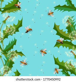 Pattern with dandelions and bees.Dandelions and bees in color vector pattern.