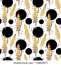 Pattern with dandelions. Black and white with gold leaf pattern. Monochrome background. Seamless texture. Vector.