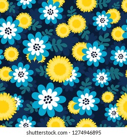 Pattern with dandelions and daisies on dark blue background. Elegant bright vector pattern for textile, fabric, background, Wallpaper, wrapping paper. 