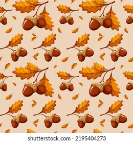 Pattern with dark acorns and leaves on beige background