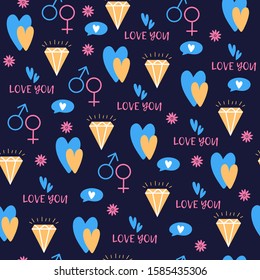 Pattern with a dark background for Valentine s Day with hearts, inscription and signs of male and female.
