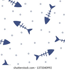 Pattern With Dark Blue Fish Skeletones. Seamless Pattern For Design Card, Baby Nappy, Diaper, Scrapbook, Holiday Wrapping Paper, Textile, Bag Print, T Shirt Etc. Vector Illustration