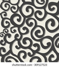 Pattern with dark grey stylish spiral curls. Vector repeating texture