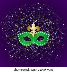 Pattern dark night background with scattered paper confetti, gold Fleur-de-Lis lily symbol, beautiful carnival mask. Design for carnival, holiday decoration greeting card, poster, web template. Vector