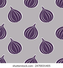 Pattern with dark purple figs fruits, stylized drawing on gray background.