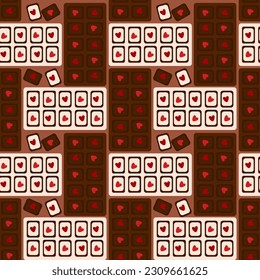 A pattern of dark and white chocolate tiles with hearts on each slice. Chocolate bars and small slices are scattered. Seamless background for printing textiles and paper Gift wrapping for the holiday