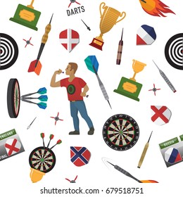 Pattern of darts items, elements, labels, icons, symbols, emblems with darts men, dart, arrow, dartboard, trophy shield for sport and leisure theme design. Vector illustration art