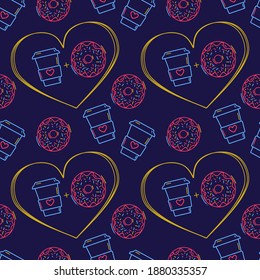 Pattern for the day of love. Background with mug of coffee and a donut in the circle of the heart. Coffee, Black coffee, latte, Americano texture concept Love for Coffee and donuts. Cute Valentine's