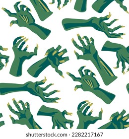 A pattern dead man's hands  zombie hands trying to grab each other  Attacking green hands  It is well suited for Halloween  style decoration paper   textile products  Drawn hands white