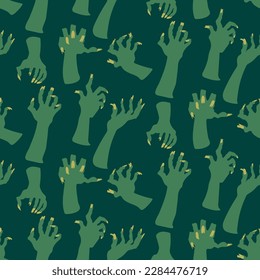 A pattern of dead man's hands, zombie hands trying to grab each other. Attacking green hands. It is well suited for Halloween-style decoration of paper and textile products. Scary hands on a green