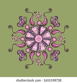 pattern with deco flowers and butterfly for a fabric or surface, tile, ornamental motif with decorative elements