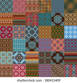 Pattern decoration elements in bright red, blue, brown, green, white... colors. Most popular ethnic seamless textures in one mega pack set collections. Multicolored vector illustrations. 