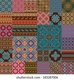 Pattern decoration elements in bright red, blue, brown, green, white... colors. Most popular ethnic seamless textures in one mega pack set collections. Multicolored vector illustrations. 