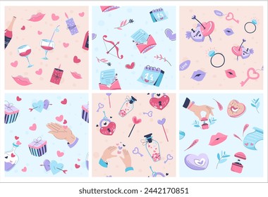 Pattern decoration with romantic celebration. Decorative background with couple wine glasses, flowers, candles and hearts, vector illustration. Valentine date elements at seamless banner collection