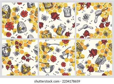 Pattern decoration set with honey jar, bees insect. Hand drawn beehive, flowers and honey spoon at seamless banner collection, vector illustration. Colorful honeycomb at decorative element