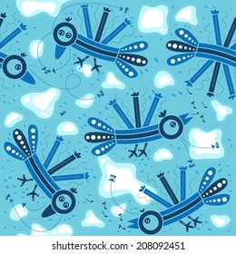 Pattern, decorative blue birds fly on the blue sky with white clouds
